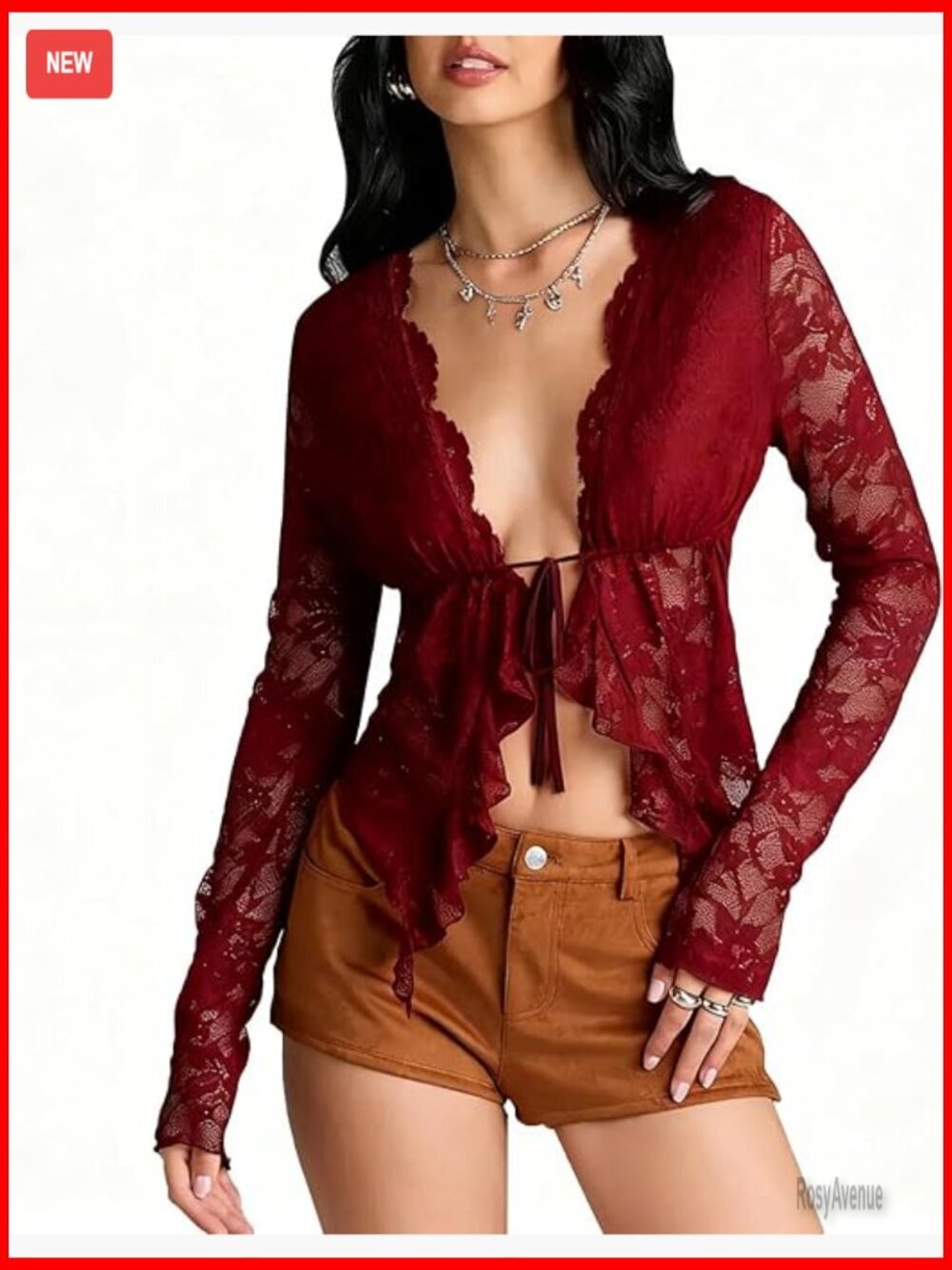 Women Y2K Long Sleeve Lace Sheer Blouse V Neck Ruffle Tie Up Crop Top